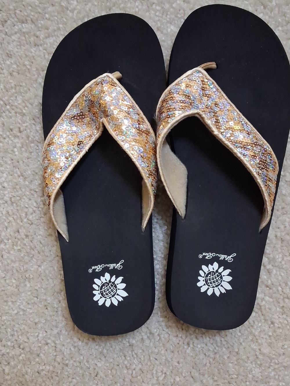NEW! Yellow Box Gold Sequin Thong Sandals with Black Footbed